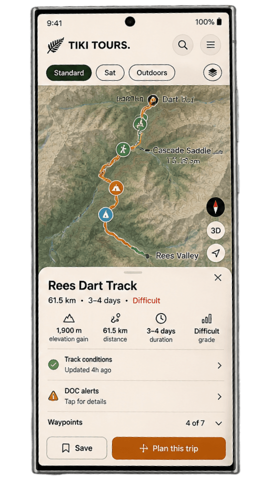 Tiki Tours mobile app — Explore screen